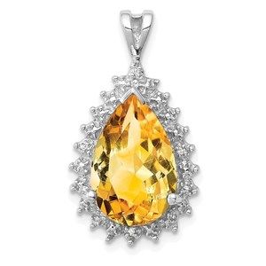 925 Sterling Silver Citrine Diamond Pear Necklace Pendant 25 x 14 mm